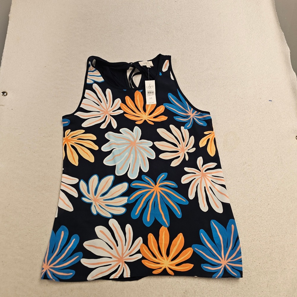 Loft Outlet Womens Tropical Leaf Print Keyhole Back Shell Tank Top Navy Blue M
